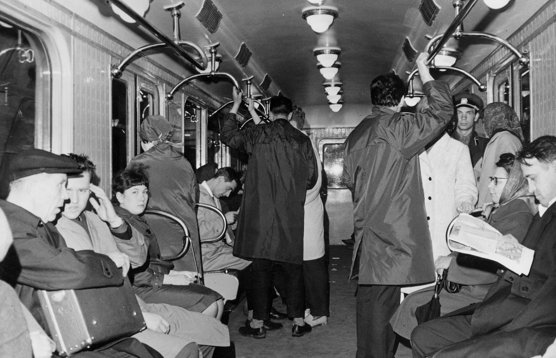 It looks like there's a little more wiggle room in this carriage on the Moscow Metro, photographed circa 1960. Lines on the network were steadily extended throughout this decade and the stations constructed during this time were built in a simpler, more uniform style than their elaborate predecessors.