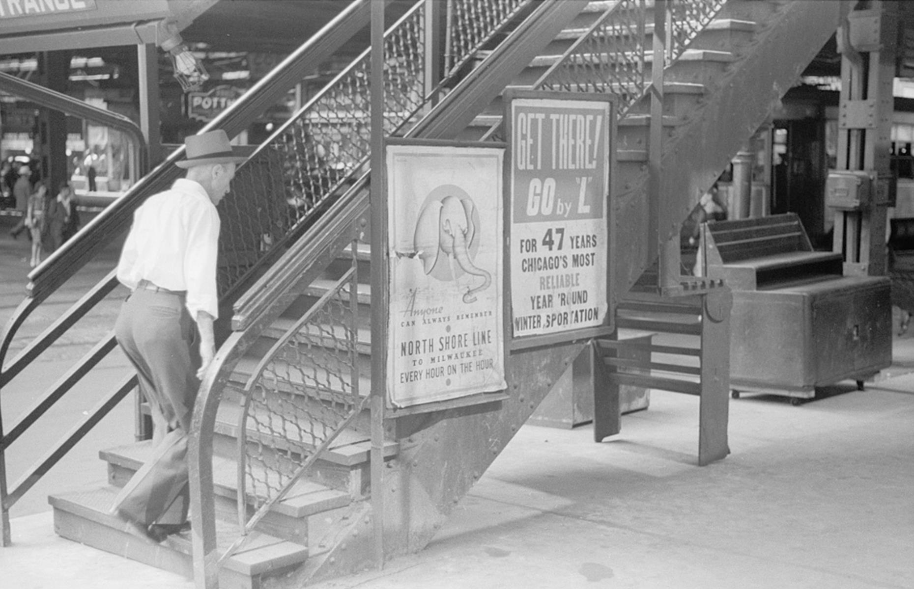 From one American mega city to another: Chicago's subway network began in the 1940s. The Chicago "L" – the Windy City's rapid transit system – has its roots in the 1890s, but it wasn't until 1943 that its underground sections began operating. This snap from the Forties shows a man exiting a Chicago "L" station. Notice the proud promo poster touting the system as the city's most "reliable" form of transportation.