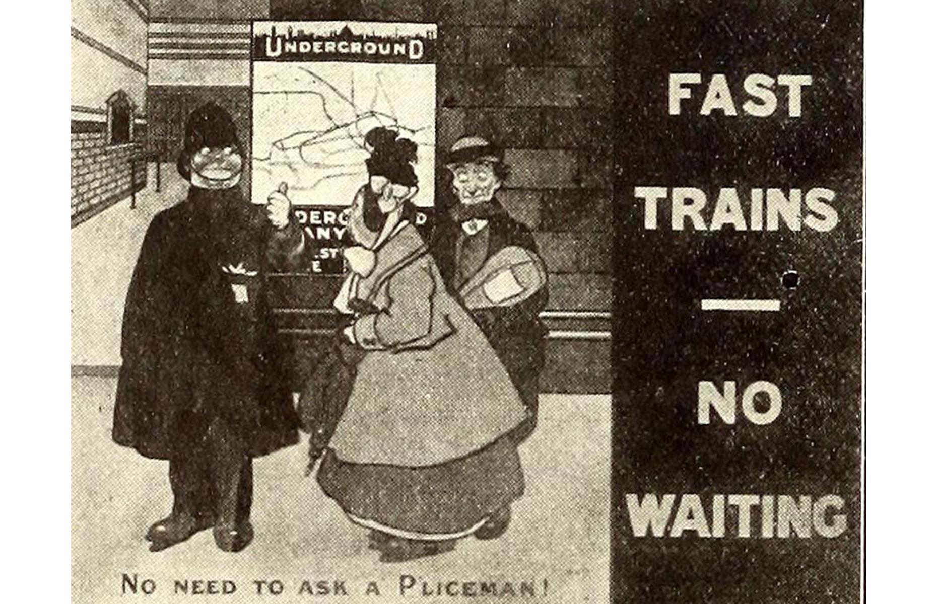 The London Underground system saw some major milestones through the early 20th century too. The District and Circle lines became electrified in 1905 and sections of the modern-day Bakerloo and Piccadilly lines opened up. This 1908 cartoon advert dubs the service the quickest way to zip around the city.