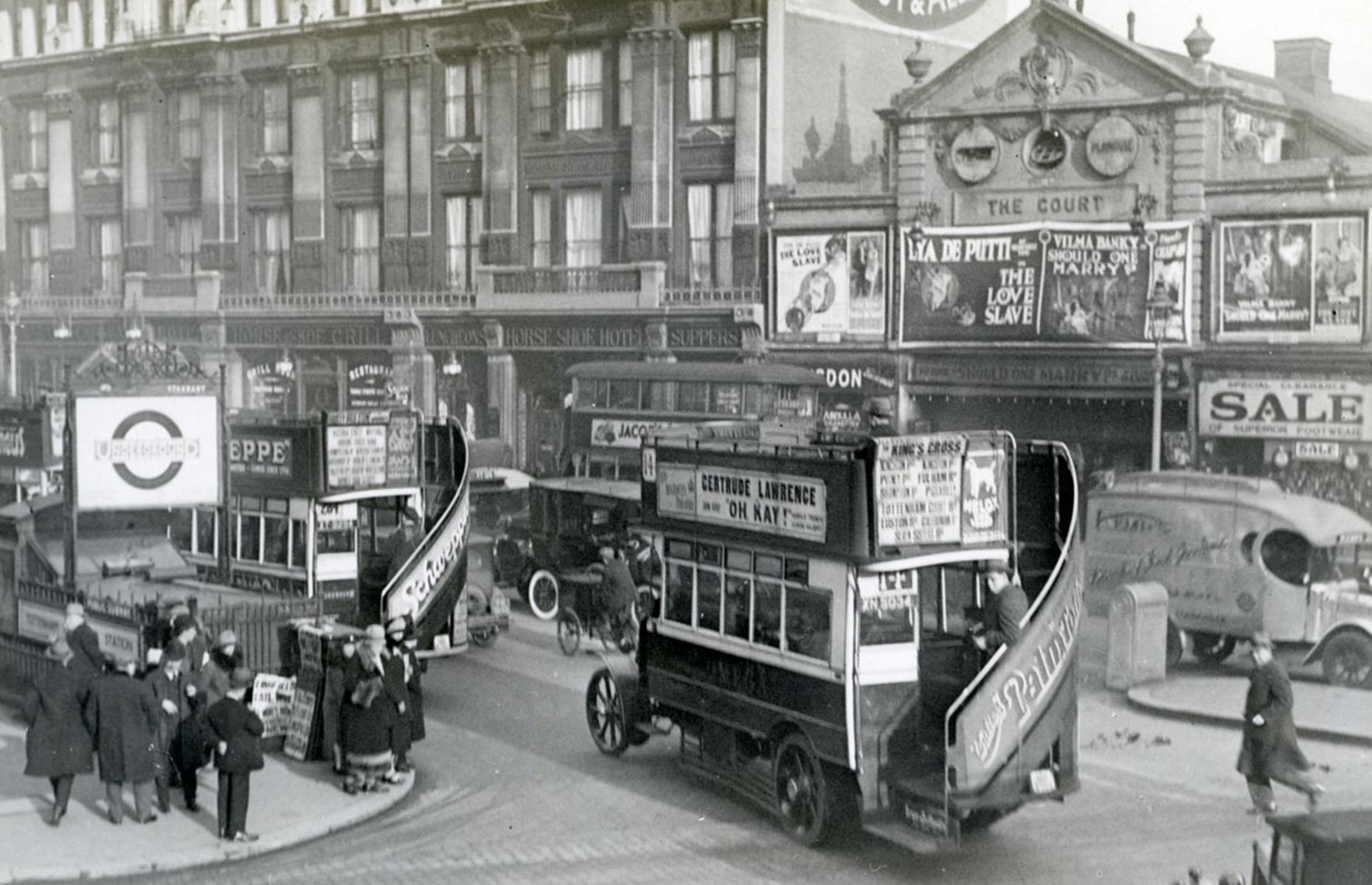 Nowadays, visitors to London will see the famous tube symbol – a bold red circle with a blue line striking through it – all over town. And the 'roundel', as it's known, is more than 100 years-old. It was first introduced in 1908, and you can spot it in this 1920s photo showing the exterior of Tottenham Court Road station.