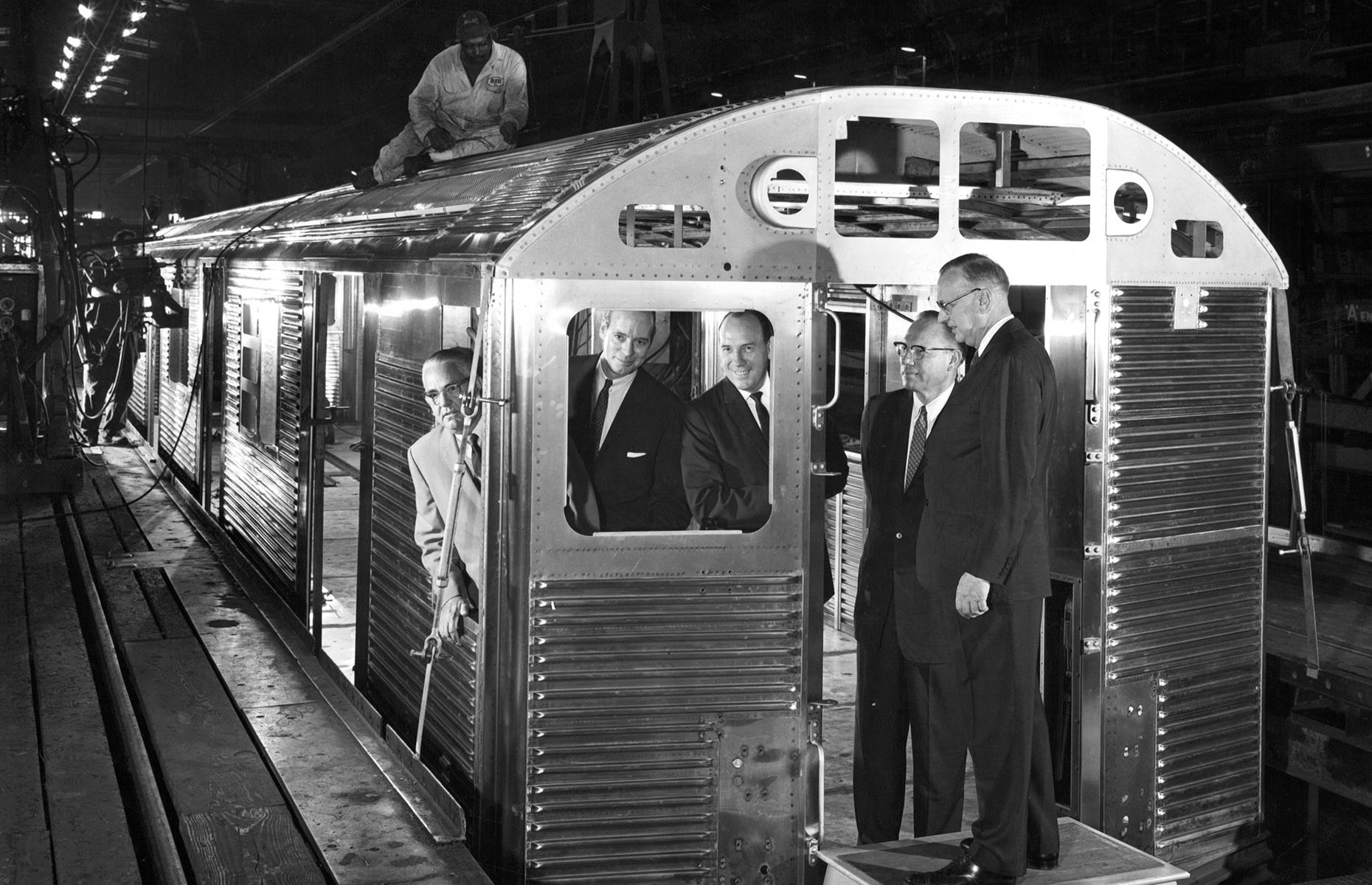 <p>The oldest cars still in operation on the New York City Subway are the R32 'Brightliners', which were introduced in 1964. This photograph shows New York City Transit Authority officials checking out the new cars at the Budd Company Railway Division plant in Philadelphia, prior to their launch.</p>  <p><strong><a href="https://www.loveexploring.com/galleries/110194/then-and-now-incredible-images-of-americas-cities">Then and now: incredible photos of America's cities</a></strong></p>