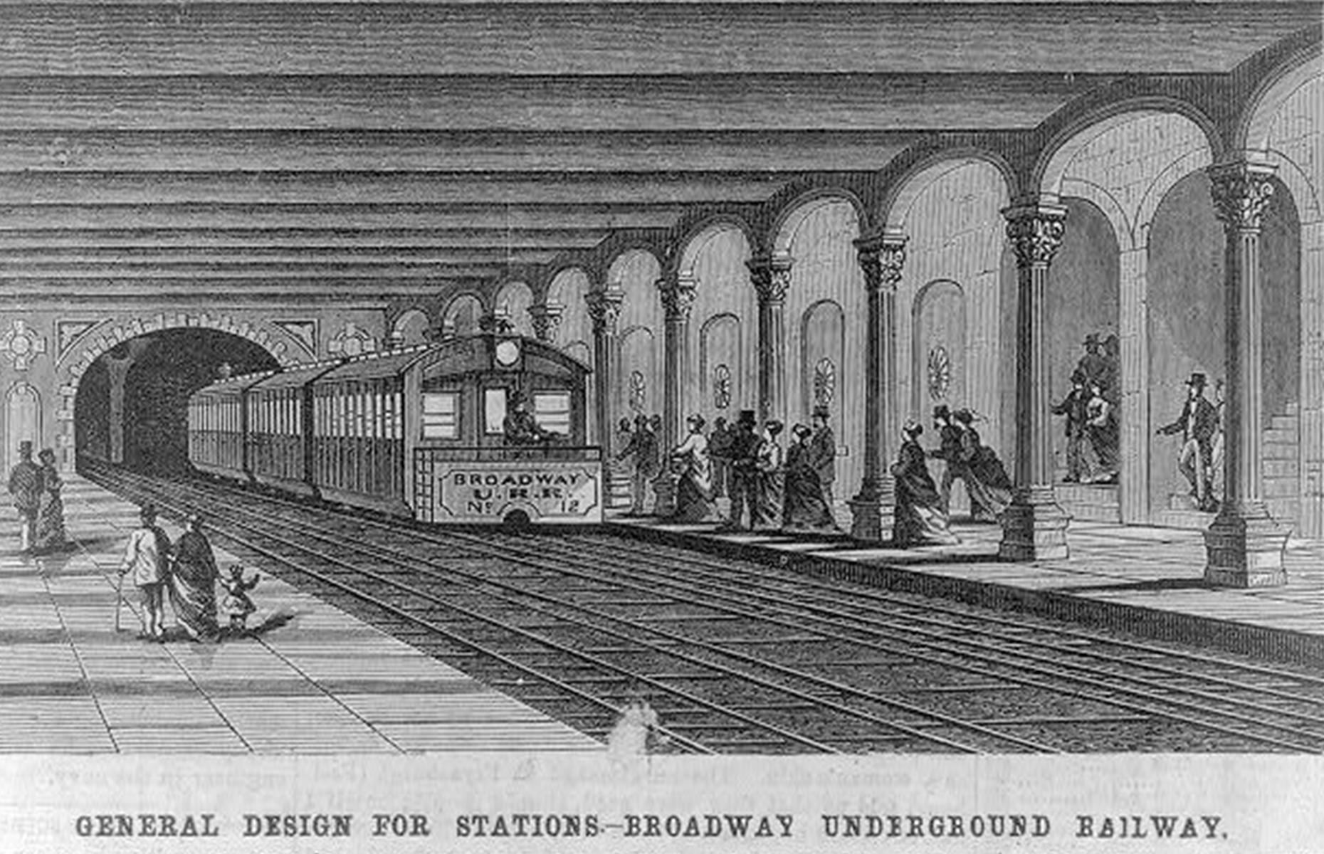 The New York City subway wouldn't open until 1904, but plans were in the mix right back in the 19th century. Drawing inspiration from the London Underground, this image from 1876 shows early designs for the Broadway Underground Railway in the Big Apple. The illustrations depict a grand station with striking arches and Corinthian columns.