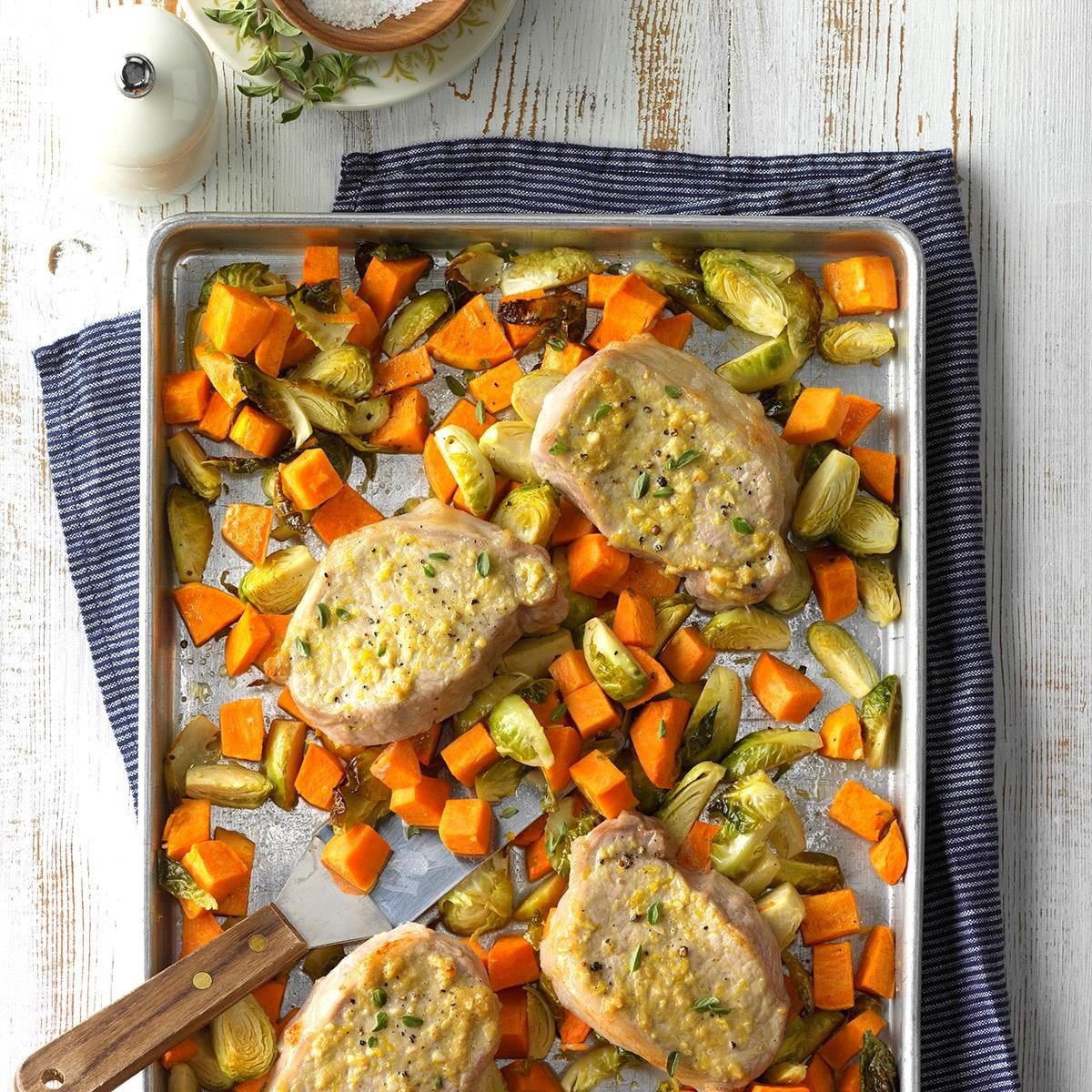 <p>Most nights I need something that I can get on the table with minimal effort and delicious results. This sheet-pan supper has become an all-time favorite, not only because of its bright flavors but also because of its speedy cleanup time. —Elisabeth Larsen, Pleasant Grove, Utah</p> <div class="listicle-page__buttons"> <div class="listicle-page__cta-button"><a href='https://www.tasteofhome.com/recipes/lemon-dijon-pork-sheet-pan-supper/'>Get Recipe</a></div> </div>