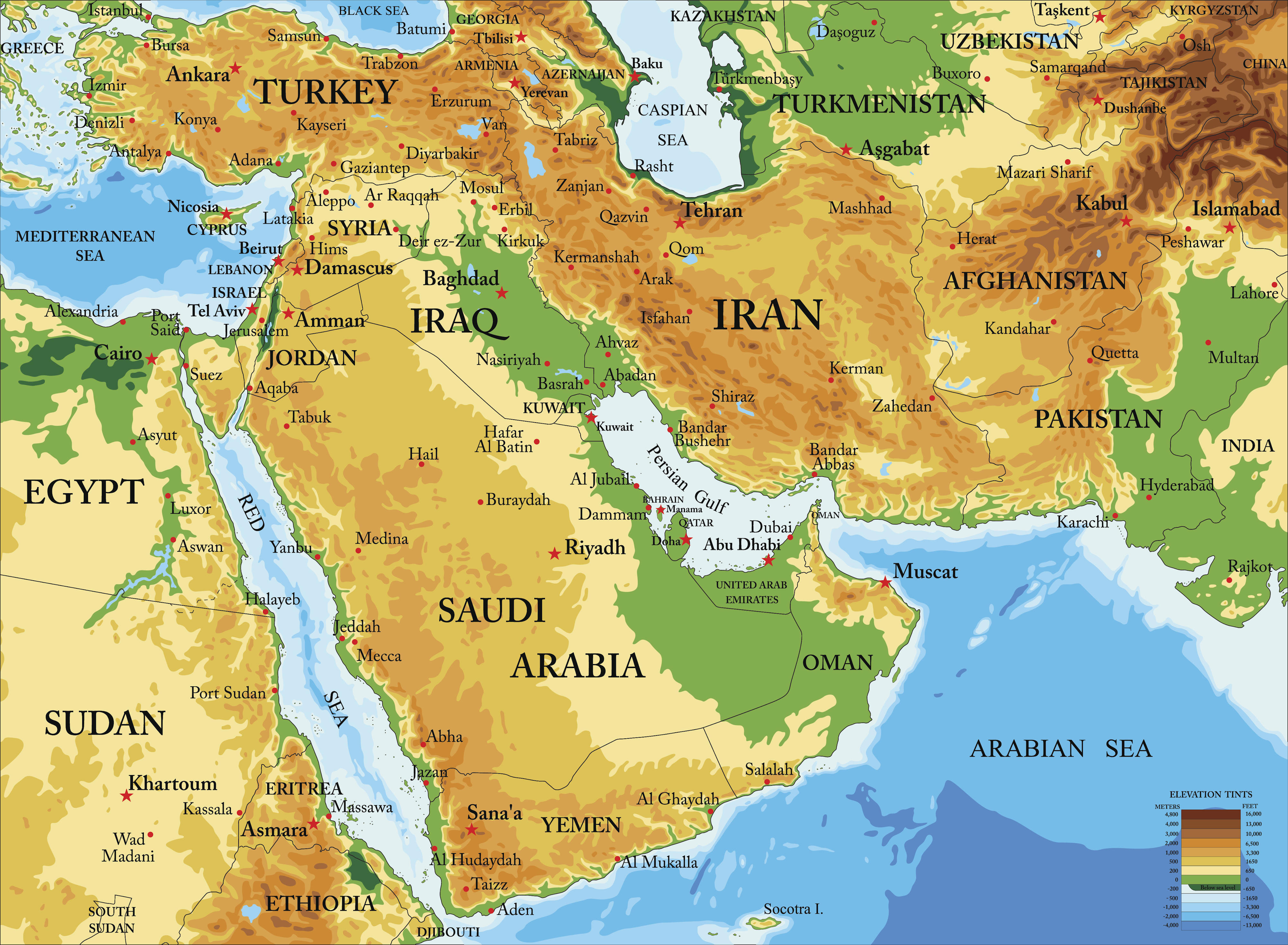 Евразия средиземное море. Карта ближнего Востока рельеф. Иран на карте ближнего Востока. Физическая карта ближнего Востока. Физико географическая карта ближнего Востока.