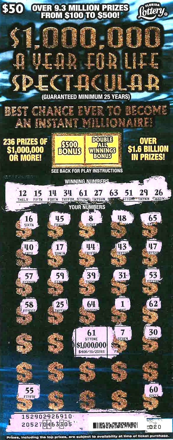 two florida residents claim $1 million prizes from state's cash-for-life scratch-off game