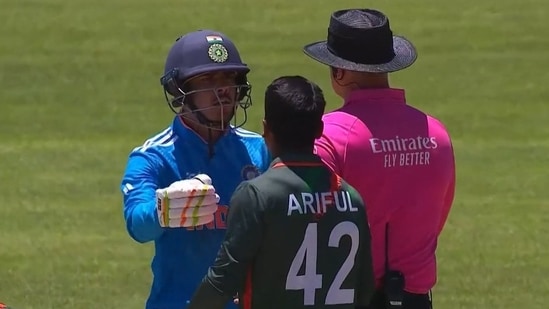 india captain uday saharan and bangladesh spinner involved in heated argument in u19 world cup; umpire steps in