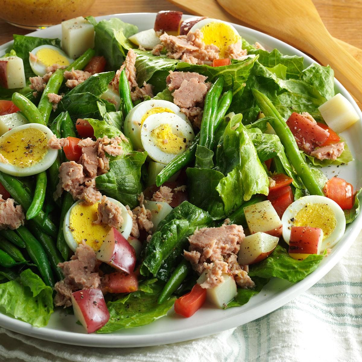 <p>Like the French, I pack my classic Nicoise salad with veggies, potatoes, tuna and eggs. Cooking the potatoes and beans together helps the dish come together fast. —Valerie Belley, St. Louis, Missouri</p> <div class="listicle-page__buttons"> <div class="listicle-page__cta-button"><a href='https://www.tasteofhome.com/recipes/quick-nicoise-salad/'>Get Recipe</a></div> </div>