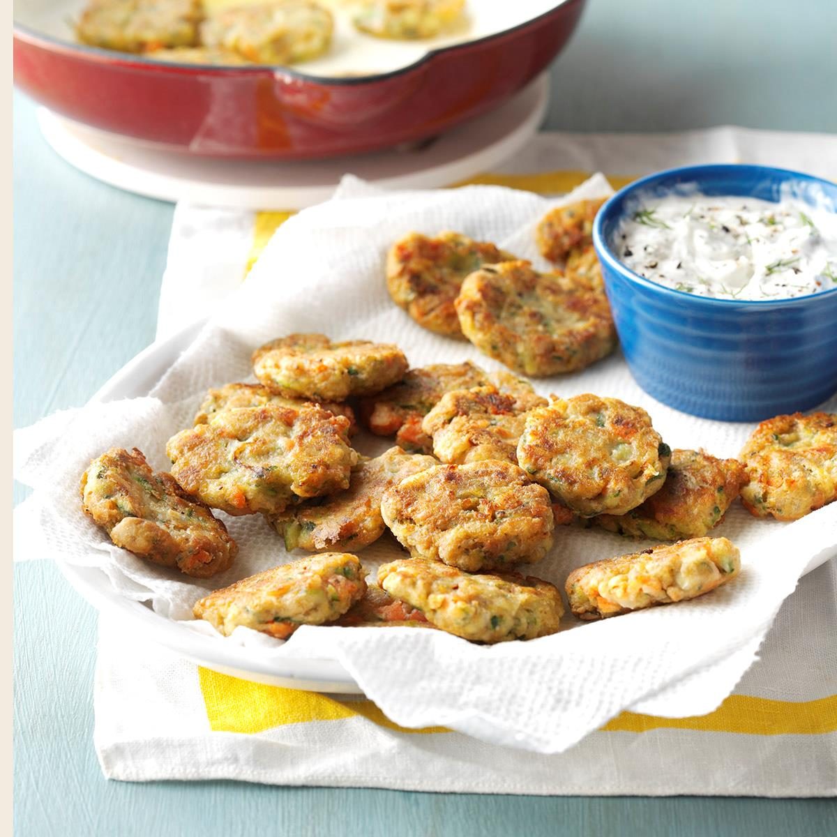 <p>These crisp-tender patties are a nice alternative to crab cakes and taste very similar, thanks to the seafood seasoning. They always get gobbled up! —Kelly Maxwell, Plainfield, Illinois</p> <div class="listicle-page__buttons"> <div class="listicle-page__cta-button"><a href='https://www.tasteofhome.com/recipes/zucchini-patties-with-dill-dip/'>Get Recipe</a></div> </div>