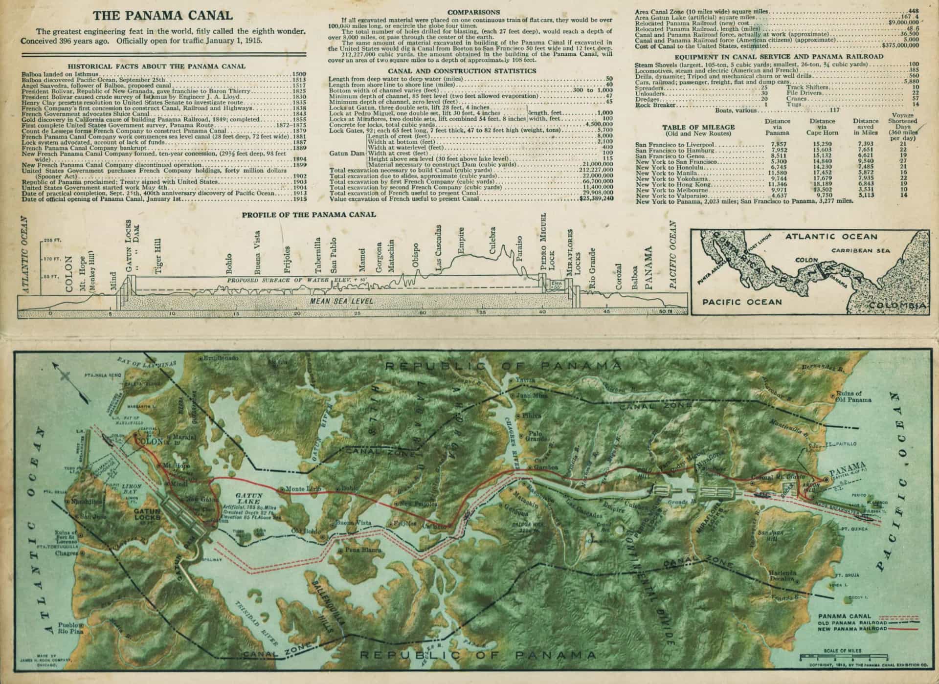 <p>Pictured is a 1913 topological map of the Panama Canal, which also includes statistical information about its construction.</p>