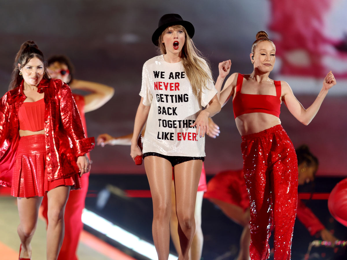 <p>Taylor also brought back her most famous outfit from the <em>Red</em> era—although this one pays homage to her iconic song, "We Are Never Getting Back Together."</p> <p>She also rocked the "A lot going on at the moment" tee that's become synonymous with her cryptic "Easter eggs."</p>