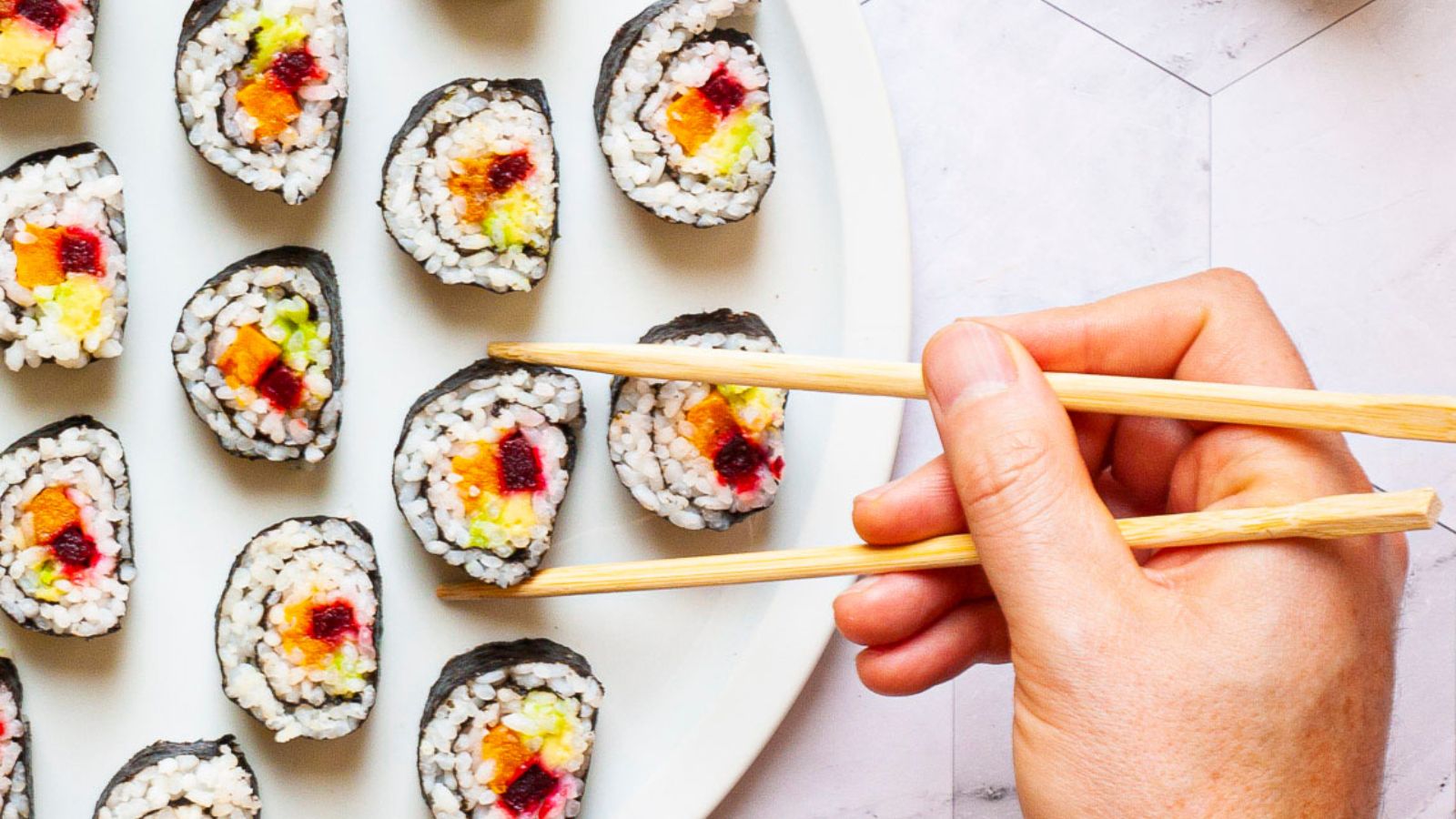 <p>The star of these sweet potato sushi rolls are maple roasted sweet potato, earthy beet, and creamy avocado wrapped up in sushi rice and nori sheets. It is the perfect combination of something sweet, savory, and umami that the whole family will love.</p><p><strong>Recipe: <a href="https://mypureplants.com/sweet-potato-sushi-rolls/">sweet potato sushi rolls</a></strong></p>
