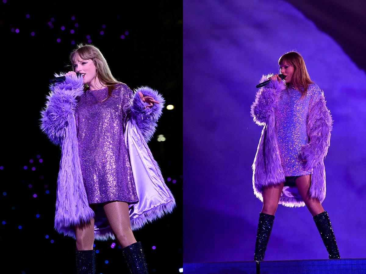 <p>Taylor opens up her <em>Midnights </em>set with the Lavender Haze outfit—and my Halloween costume for the rest of time—an Oscar de la Renta crystal t-shirt paired with a purple Oscar de la Renta faux fur coat.</p> <p>This is likely the comfiest outfit of her whole Tour!</p>