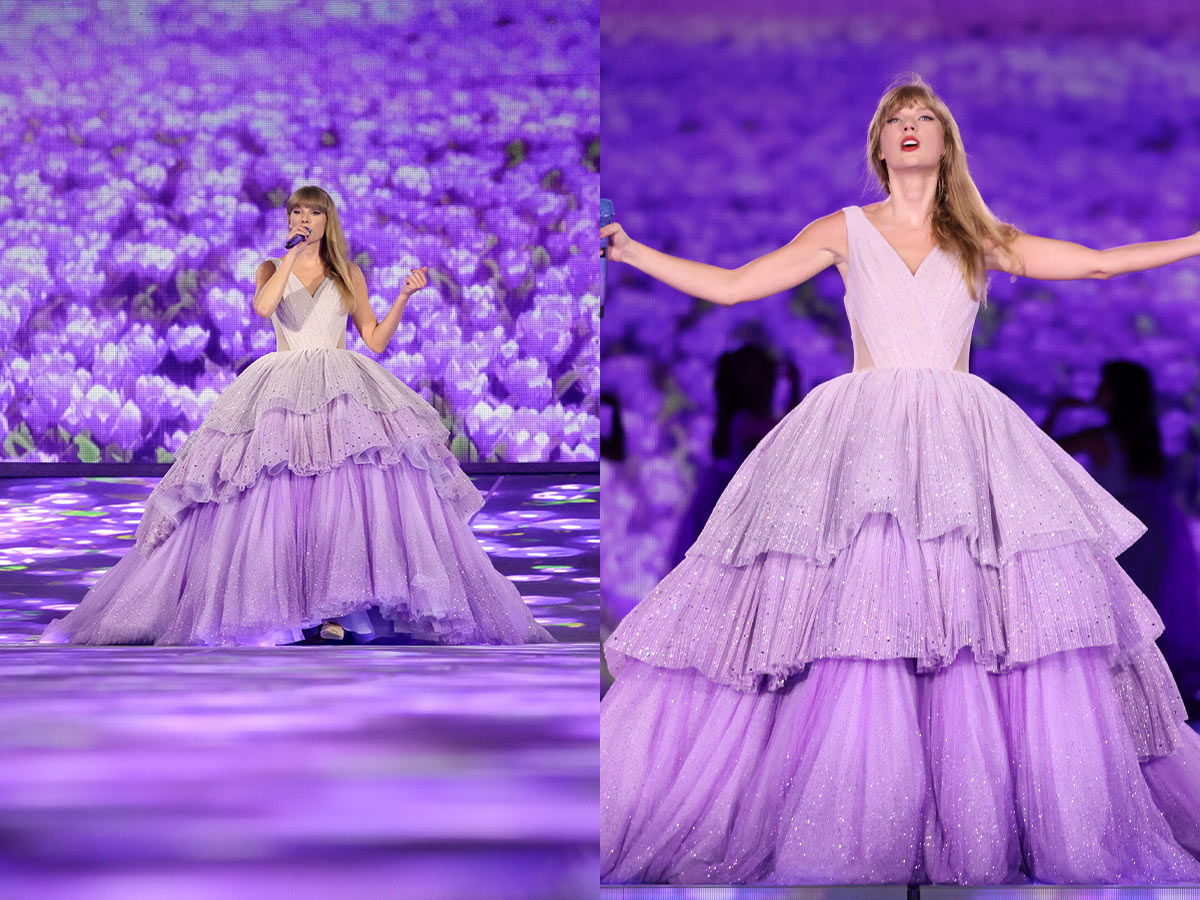 <p>Taylor famously uses vivid colors to depict her eras and albums—and <em>Speak Now</em> is purple, period.</p> <p>So of course, to announce the release date for <em>Speak Now (Taylor's Version)</em>, Taylor unveiled an <em>enchanting </em>new look for her set, donning a purple bespoke gown by Nicole + Felicia.</p>