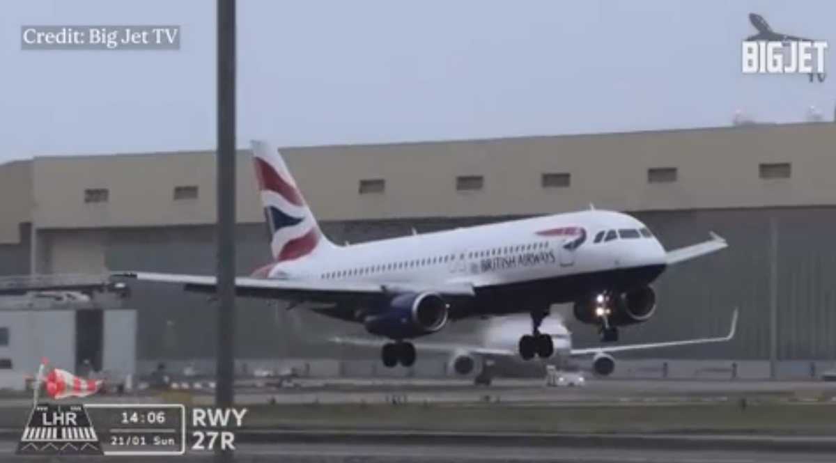 watch moment british airways pilot aborts heathrow landing as storm isha hits uk