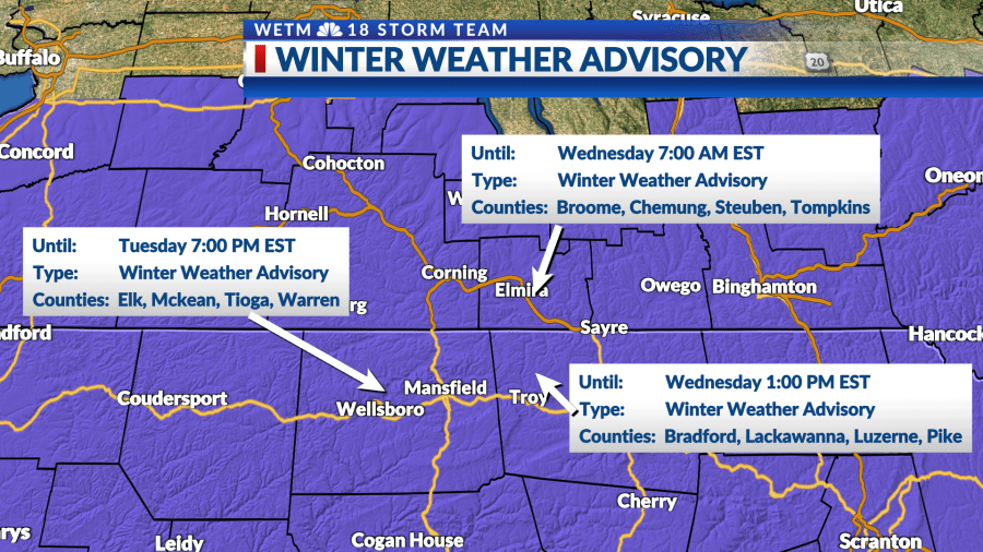 a winter weather advisory is in effect for counties in purple