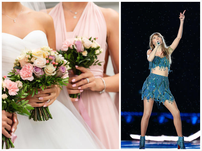 At left, a bride and bridesmaids. At right, Taylor Swift performing during her "Eras" tour. Getty Images; Buda Mendes/TAS23/Getty Images for TAS Rights Management