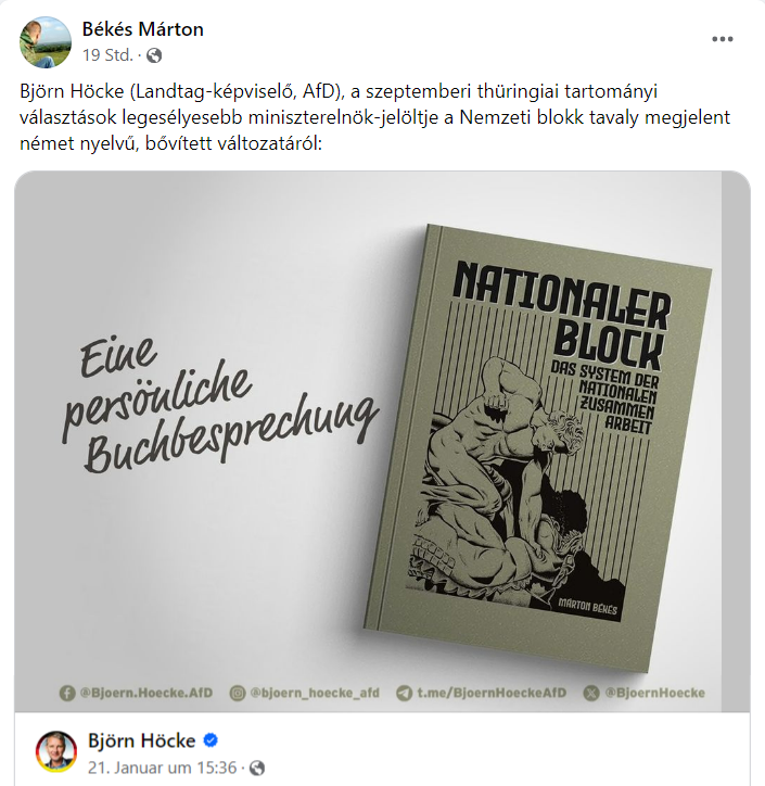 békés márton büszke rá, hogy a könyvét egy szélsőjobboldalisága miatt titkosszolgálati megfigyelés alatt álló német politikus is olvassa