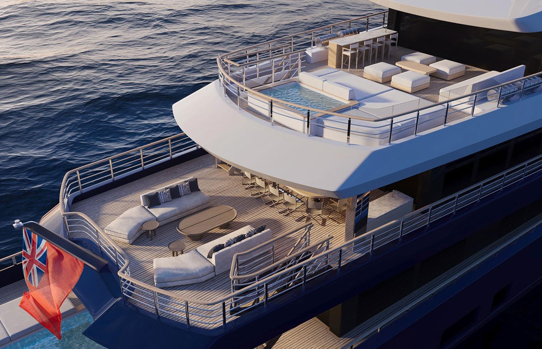 <p>The turnkey superyacht, which is getting its finishing touches at the Feadship Royal Van Lent shipyard in the Netherlands, has a slick two-tone exterior by Feadship's De Voogt Naval Architects. Its chic interiors are courtesy of Parisian design house Gilles & Boissier.</p>  <p><em>Project 825</em> has six staterooms with space for 12 guests, who'll have their every whim catered to by 17 crew members. Among its key selling points are an awesome glass-bottomed swimming pool and a private VIP terrace that boasts its own Jacuzzi.</p>  <p>There's also a sauna, deck gym, games room, and touch-and-go helipad, as well as an elevator. </p>
