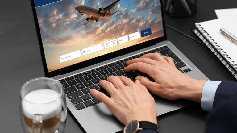 man using laptop travel site