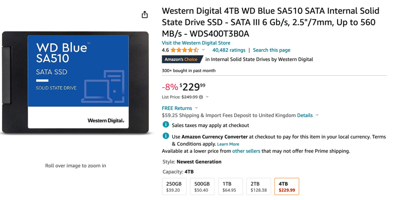 A screenshot of a listing for a SATA SSD on Amazon.