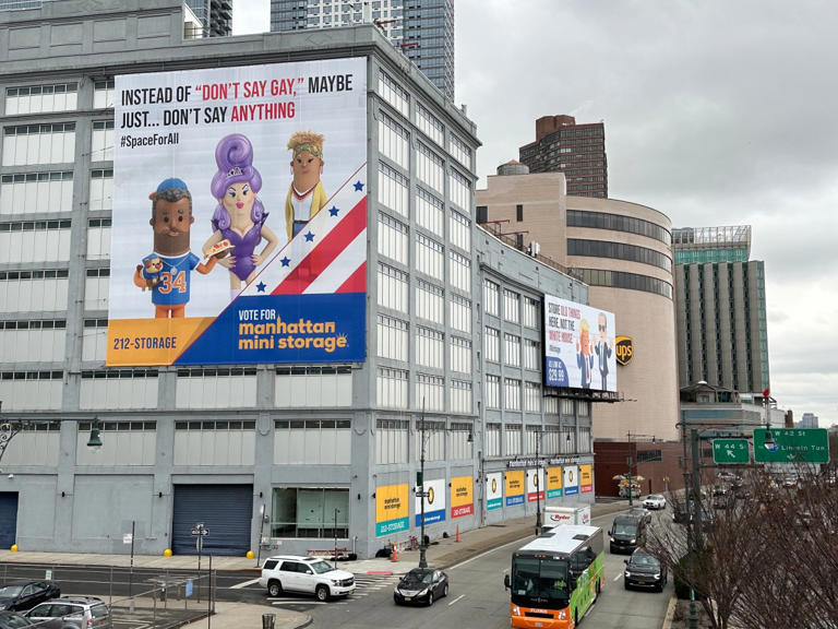 Billboard at Manhattan Mini Storage at W45th St and 12th Avenue saying: “Instead of ‘Don’t Say Gay’, Maybe Just…Don’t Say Anything #SpaceForAll”. Photo: Phil O’Brien