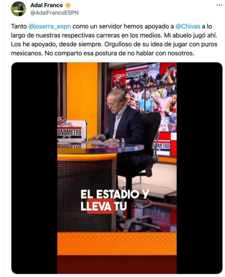 Mensaje de Adalberto Franco a Chivas en 'X' Twitter Adal Franco