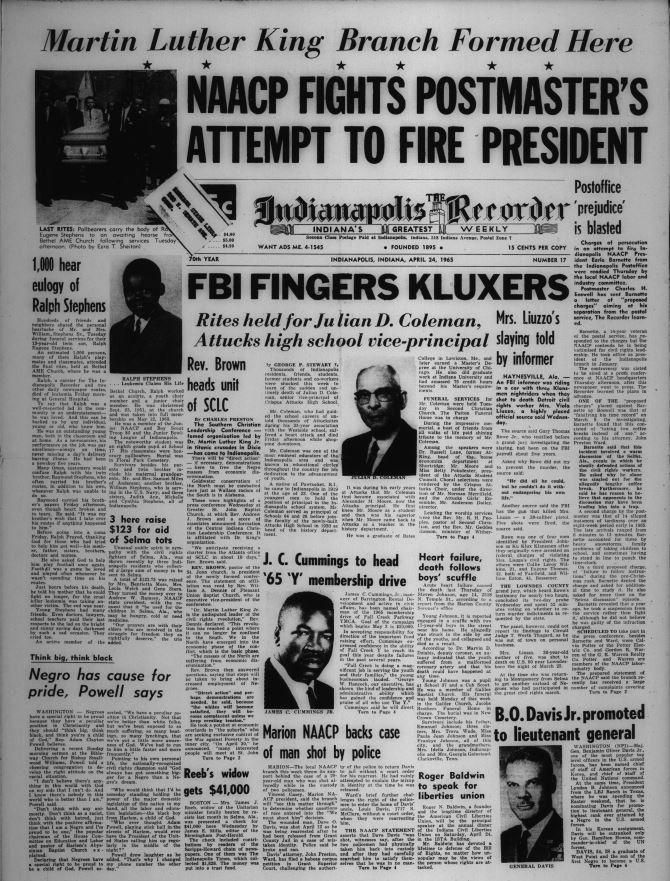 The front page of the Indianapolis Recorder on April 24, 1965.