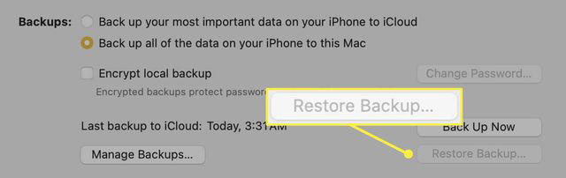 The Restore Backup button highlighted in the Finder on a Mac.