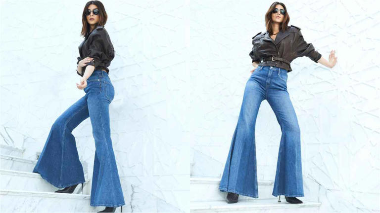 Kriti Sanon revives 70s hyper flared denim jeans and leather moto ...