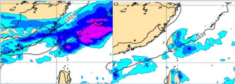 圖：最新(2日20時)歐洲(ECMWF)模式，8日8時地面氣壓及降水模擬圖顯示，降雨範圍擴大至中部，及南部山區(左圖)。9日20時模擬圖顯示顯示，除夕(9日)仍有雨，降雨漸減少(右圖)