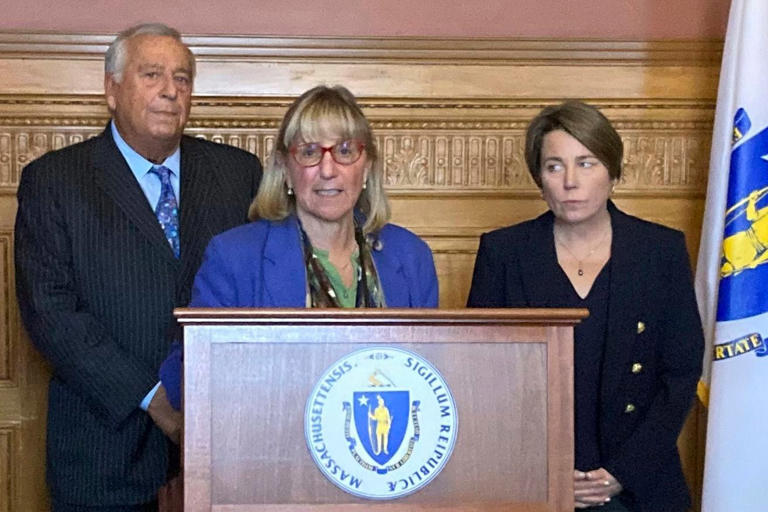 Massachusetts Senate President Karen Spilka, flanked by fellow Democrats, House Speaker Ronald Mariano, left, and Gov. Maura Healey speaks during a news conference. Jan. 22, 2024 in Boston.