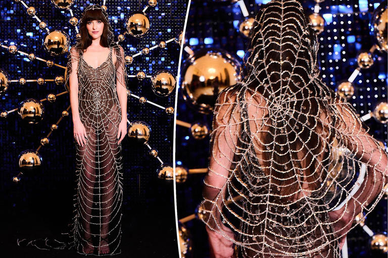 Dakota Johnson channels Madame Web in crystallizedspiderweb dress at ...