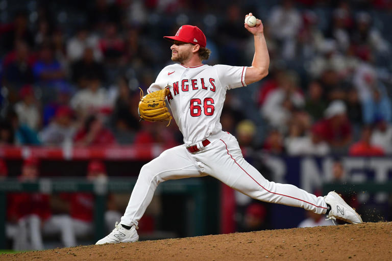 Sep 26, 2023; Anaheim, California, USA; Los Angeles Angels relief pitcher Kolton Ingram (66) throws against the Texas Rangers during the ninth inning at Angel Stadium. Mandatory Credit: Gary A. Vasquez-USA TODAY Sports