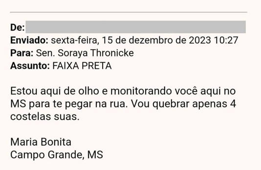 Ameaça de agressão recebida pela senadora Soraya Thronicke (Republicanos-MS). Foto: Arquivo pessoal/Senadora Soraya Thronicke