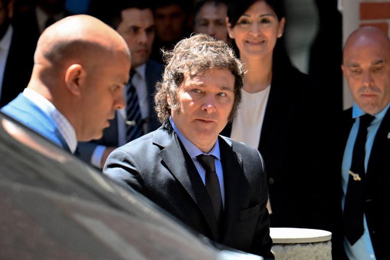 Javier Milei leaves the Holocaust Museum in Buenos Aires on Jan. 26.
