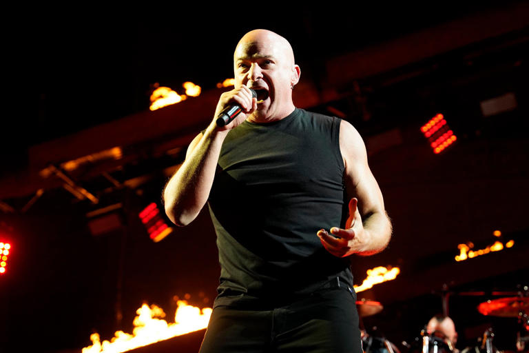 David Draiman, of the band Disturbed, performs on Wednesday, Aug. 30, 2023, at Credit Union 1 Amphitheatre in Tinley Park, Ill. (Photo by Rob Grabowski/Invision/AP)