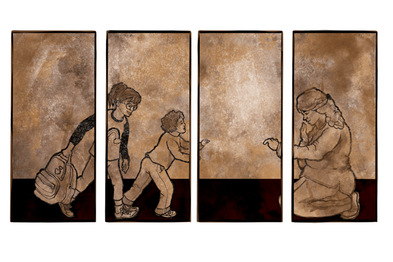 Four panels showing two children approaching a woman.