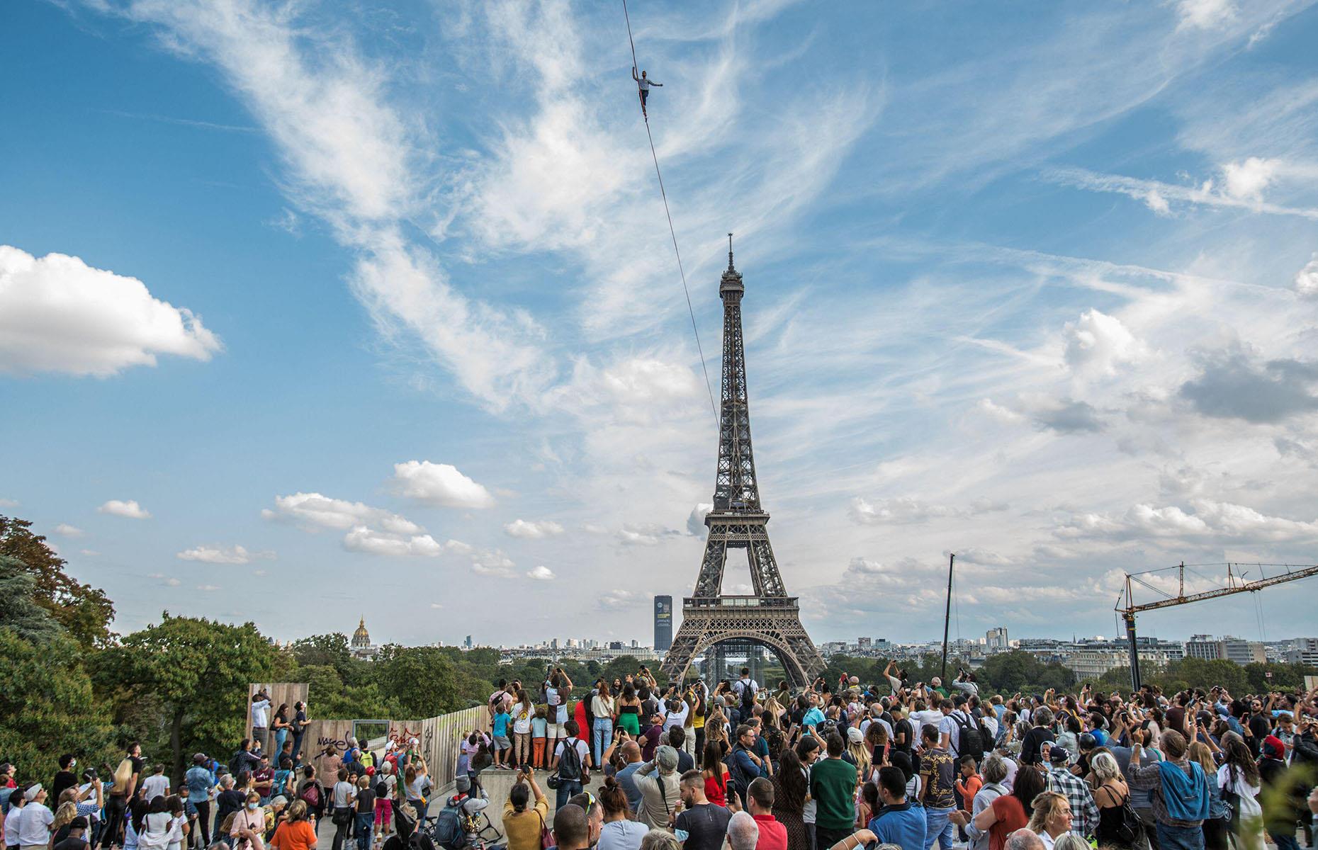 <p>On September 18, 2021, French tightrope walker Nathan Paulin thrilled crowds by traversing a 2,198-foot rope along a slackline between the first level of the Eiffel Tower and the Trocadero Square, 197 feet above the Seine. The 30-minute performance was part of the European Heritage Days festival held in the French capital that year.</p>