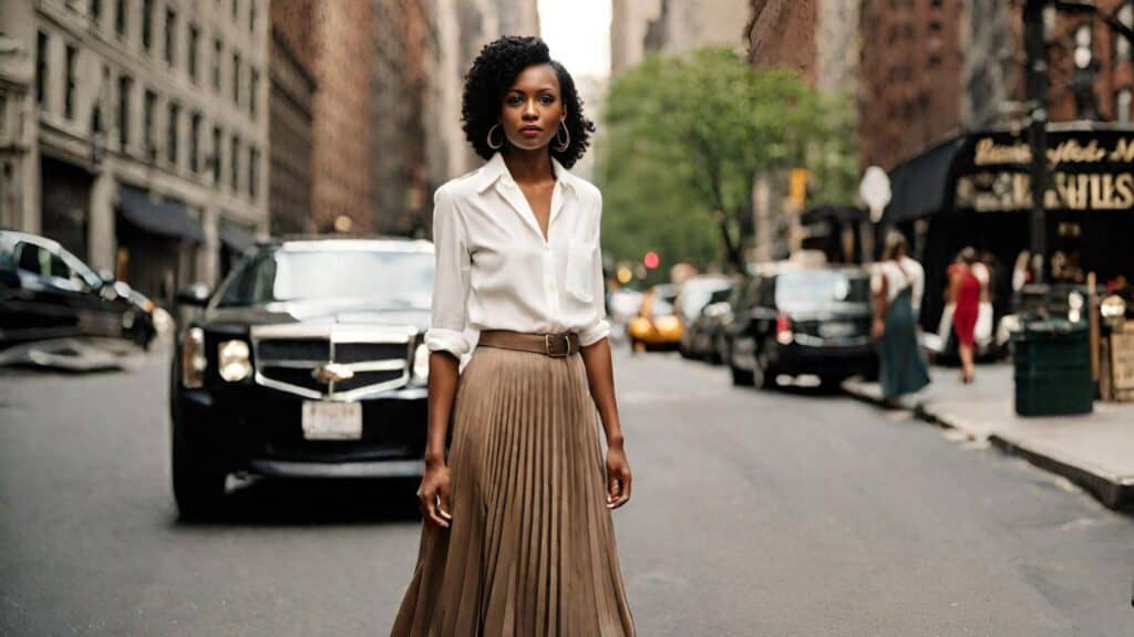 <p>Walk into your next interview with this white button-up shirt and pleated skirt, ready to show off your style and capability as a professional with a difference.</p><p>The button-up shirt contrasts beautifully with the textures of the pleats on your skirt.</p><p>This definitely complements the graceful movement of your legs as you get ready to show the interviewers the stuff you’re made of.</p><p><strong>More styling tips from Petite Dressing</strong></p><ul> <li><a href="https://blog.petitedressing.com/blazer-guide/">How to Choose the Best Blazers for Women</a></li> <li><a href="https://blog.petitedressing.com/wide-leg-pants-outfits/">30 Chic Wide Leg Pants outfit for 2024</a></li> </ul>