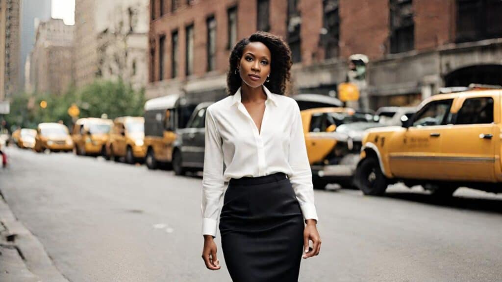 <p>Effortlessly communicate your professionalism and sophistication with a black pencil skirt on a crisp white button-up shirt.</p><p>This <a href="https://blog.petitedressing.com/short-women/" title="">monochrome combination</a> has always been a favorite for interviews, and you’ll absolutely rock the look.</p><p>While the pencil skirt flatters your lovely silhouette, the white button up shirt adds the necessary touch of charm that will help you walk into your interview with confidence.</p><p>This is an outfit that is great for communicating your commitment to style and success. Therefore, wear this chic business attire to show your corporate elegance.</p>