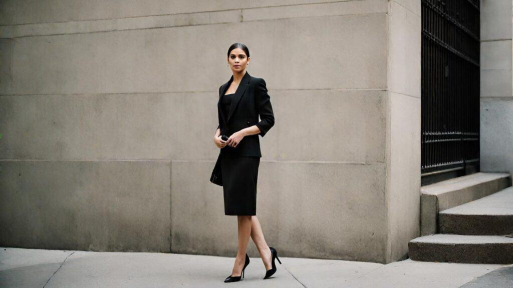 <p>A sleek black <a href="https://blog.petitedressing.com/blazer-guide/" title="">blazer</a> with a black midi dress is another power combo that will help you command attention as you walk into your interview.</p><p>It’s a seamless blend of sophistication and style, and you can complete this look with a pair of heels that adds more to your overall professional vibe.</p><p>Of course, what you need is to leave a lasting impression with positive results and it all starts with your choice of outfit.</p><p>So embrace modern elegance and a polished finish with a black midi dress and black blazer.</p>
