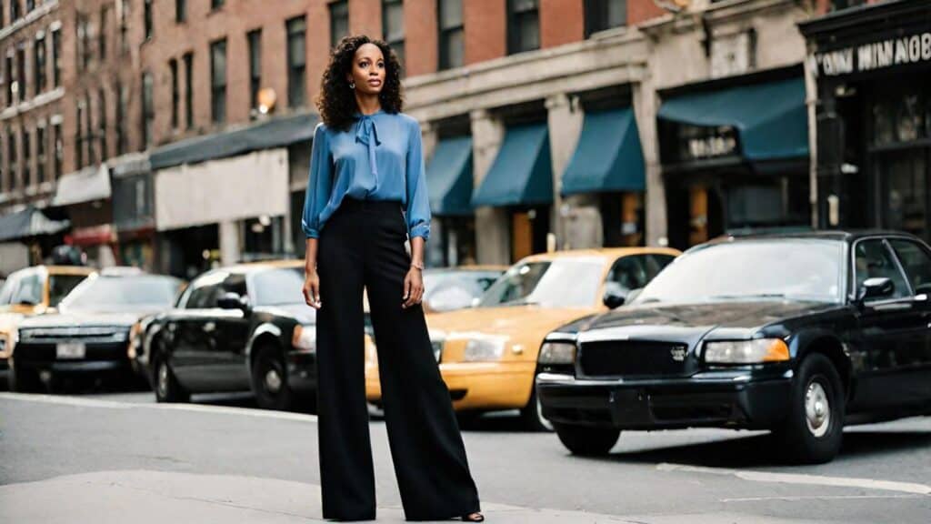 <p>Embrace a different type of elegance by wearing a captivating blue blouse on black <a href="https://blog.petitedressing.com/wide-leg-pants-outfits/" title="">wide-leg trousers</a>.</p><p>This entire outfit gives your overall outlook a massive burst of energy that will create a long-lasting impression at your interview.</p><p>The vibrant blue blouse adds a lovely pop of personality and color, which effortlessly merges style and comfort.</p><p>The wide-leg design is a huge hit in the fashion world as it gives enough room for your legs to flourish and is quite trendy.</p>