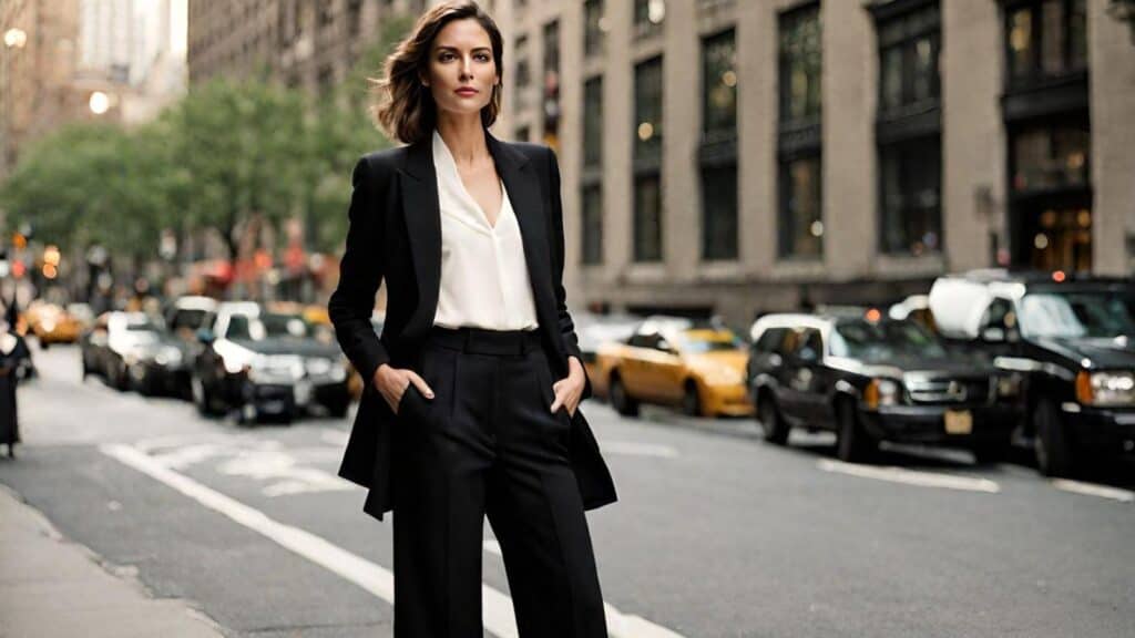 <p>Here’s another wide-leg style, but this time paired with a black blazer set. This is the female version of a power suit featuring a perfectly tailored black blazer and black wide-leg pants.</p><p>With this set, you can show that you have mastered the art of modern monochrome elegance with a put-together and sophisticated look like this.</p><p>One of the features I always look out for in an interview outfit for women is the level of comfort. So, it’s definitely good news that this ensemble ranks high on the comfort scale.</p>