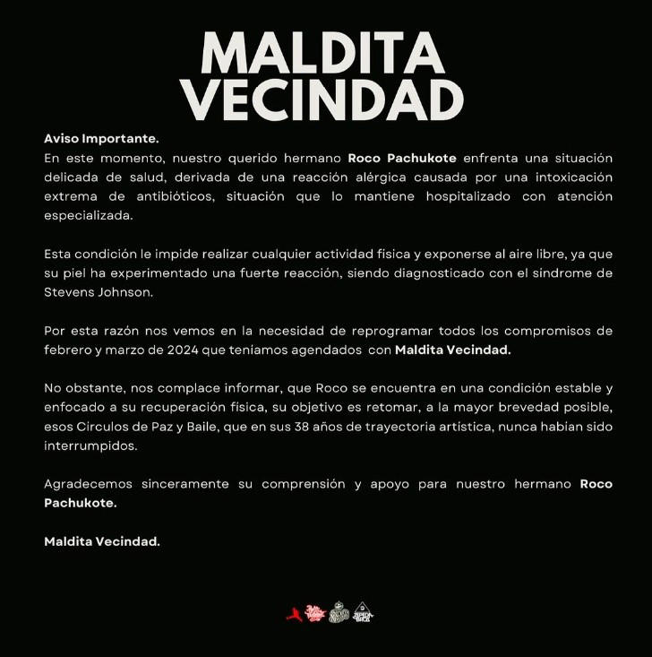 Hospitalizan de emergencia a Roco Pachukote, vocalista de 'Maldita Vecindad'