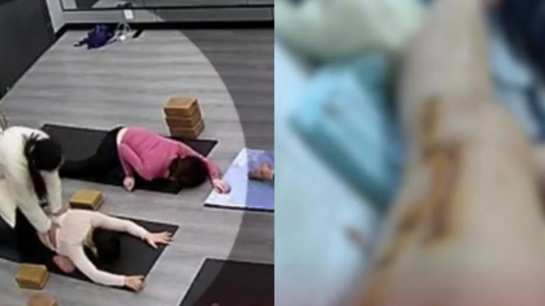 女學員上瑜伽課遭壓斷大腿。（圖／翻攝自微博冷暖視頻）