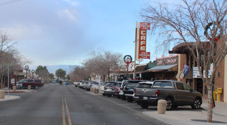 Looking westward along the main road in the old town of Boulder City, as seen on 12/07/24. The city offers a wide variety of walking opportunities for visitors to see up close all the town has to offer.