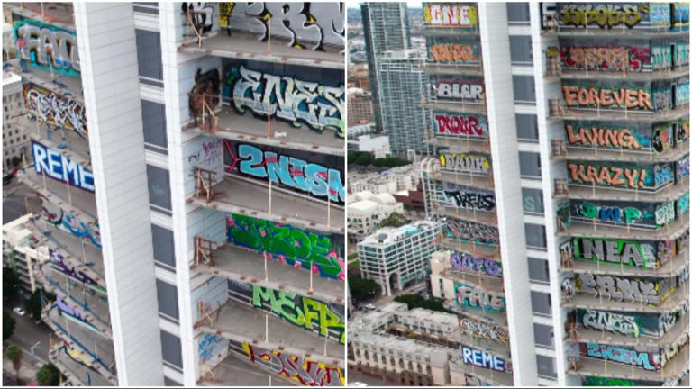 Graffiti artists transform Los Angeles skyscraper into street art ...