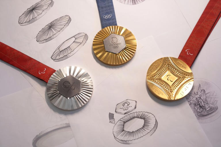 The Paris Olympics medals are embedded with pieces of the Eiffel Tower