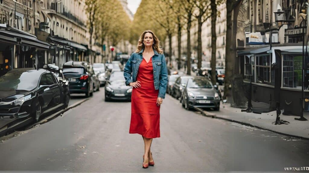 <p>A stunning <a href="https://blog.petitedressing.com/red/" title="">red</a> dress would look very fashionable together with the casual vibe of the denim jacket! Red is usually a very eye-catching color and when you’re in certain events where you feel it’s too much, then layering a denim jacket over it will perfectly neutralize its brightness without making the dress look less attractive.</p>