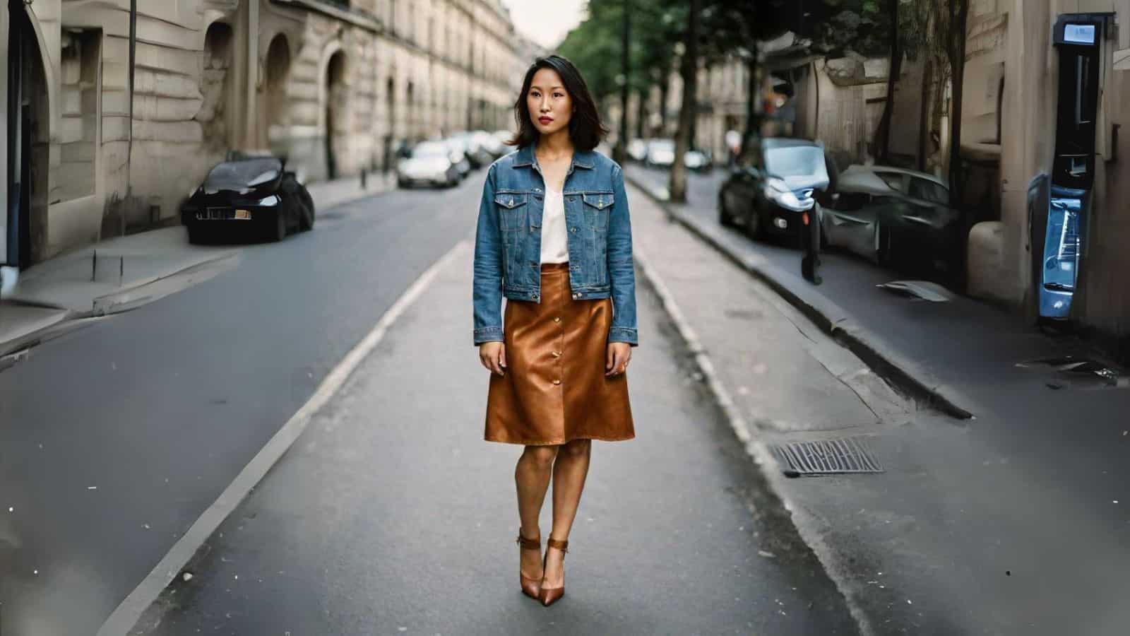 <p>A-Line skirts are universally flattering as their design features a silhouette that naturally cinches the waist and elongates the frame. The structured fit of the denim jacket melds seamlessly with the A-shaped silhouette of the skirt, which also helps give your frame a balanced look and flattering proportions.</p>